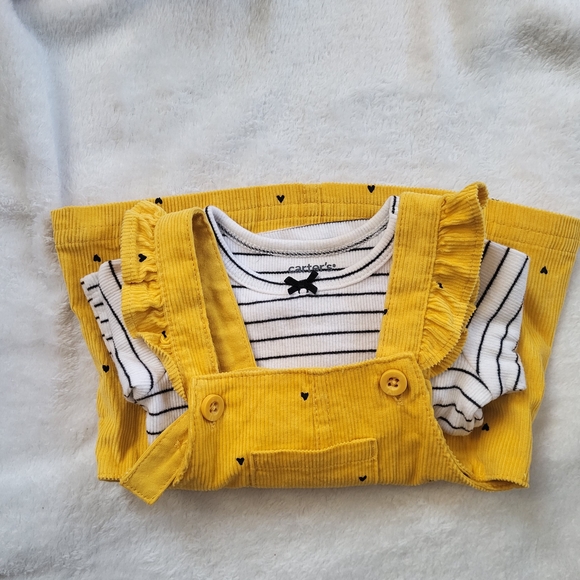 Yellow Corduroy Pinafore Dress with Striped Top - Picture 2 of 4